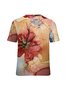 Women Abstract Art Floral Pattern Crew Neck Loose Casual T-Shirt