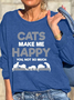 Women Happy Cats Letters Loose Crew Neck Casual Sweatshirts