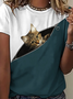 Women Collision Color Zipper Cat Crew Neck Halloween Simple T-Shirt