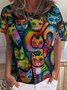 Abstract Colorful Cat Crew Neck Cat Loose T-Shirt
