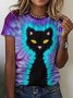 Womens Cat Lover Tie Dye Print Casual T-Shirt