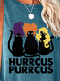 Women Black Cats Hurrcus Purrcus Halloween Crew Neck Cotton-Blend Tops