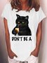 Womens Funny Letter Black Cat Casual Crew Neck T-Shirt