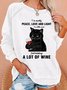 Womens Funny Wine Black Cat Letters Casual Sweatshirts