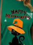Women Black Cat Happy Halloween Cotton T-Shirt