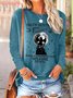 Women Black Cat Bats Casual Halloween Crew Neck Top