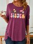 Women Flower Sister Pattern Crew Neck Casual Cotton Tops