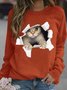 Women Cat Animal Pattern Loose Crew Neck Casual Sweatshirts