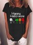 Women's Funny Halloween Happy Hallo-wine Graphic Casual Crew Neck T-Shirt