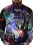 Men Wolf Star Sky Pattern Loose Animal Crew Neck Sweatshirt