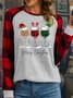 Women's Merry Christmas Three Wine Glasses Buffalo Plaid Print Casual Loose Polyester Cotton Long Sleeves T-Shirt