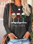 Merry Christmas Three Wine Glasses Print Cotton-Blend Casual Crew Neck Tops