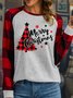 Women's Merry Christmas Tree Buffalo Plaid Print Casual Polyester Cotton T-Shirt