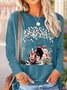 Women's Christmas Cat Funny Print Crew Neck Cotton-Blend Regular Fit Tops