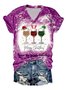 Womens Merry Christmas Red Wine Glass Bleach Print V Neck Cotton-Blend Loose T-Shirt