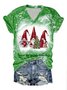 Womens Merry Christmas Gnomes Bleach Print V Neck Cotton-Blend Loose T-Shirt
