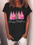 Women's Christmas Tree Graphic Print Crew Neck Cotton-Blend Casual T-Shirt