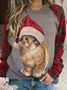 Womens Casual Crew Neck Christmas Cat Plaid Sweatshirt