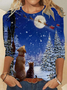 Womens Christmas Print Dog Cat Santa Crew Neck Top
