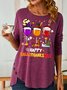 Women's Happy Hallo Thanks Mas Funny Three Red Wine Glasses Christmas Graphic Long Sleeve Top