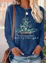 Women's Merry Christmas Tree Graphics Printed Cotton-Blend Crew Neck Top