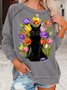 Womens Black Cat Flower Crew Neck Casual Sweatshirt