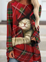 Women's Christmas Cat Plaid Crew Neck Long Sleeve Top