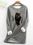 Women Black Cat Simple Warmth Fleece Sweatshirt