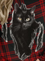 Women's Black Cat Crew Neck Plaid Raglan Sleeve Sweatshirt