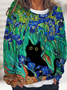 Women's Flower Cat Crew Neck Cat Casual Off Shoulder Sleeve Sweatshirt