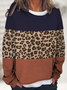 Women's Color Block Leopard Crew Neck Loose Off Shoulder Sleeve Casual Sweatshirt