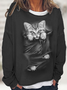 Women's Black Cat Print Crew Neck Off Shoulder Sleeve Casual Sweatshirt