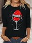 Women's Christmas Wine Santa Print Crew Neck Casual Top
