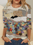 Women's Lazy Cat In The Bed Vintage Print Crew Neck Casual Top
