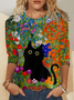 Women's Black Cat Crew Neck Simple Long Sleeve Top
