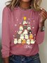 Women's Funny Cat Christmas Tree Cotton-Blend Crew Neck Simple Long Sleeve Top
