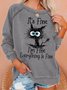 Women's Funny I Am Fine Black Cat Letter Crew Neck Sweatshirt