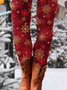 Women's Red Vintage Snowflakes Print Casual  Leggings