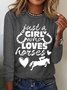 Women's Funny Just a Girl Who Loves Horses Text Letters Regular Fit Cotton-Blend Long Sleeve Top