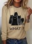 Women's Black Cat What Simple Regular Fit Text Letters Long Sleeve Top