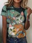 Women’s Retro Funny Cat Loose Cat Crew Neck Simple T-Shirt