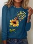 Women's Sunflowers Butterfly Paw Print Casual Crew Neck Top