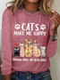 Women's Funny Word Cat Make Me Happy Simple Cotton-Blend Long Sleeve Top