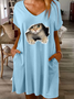 Women's Funny Cat Casual V Neck Loose Dress
