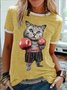 Women's Boxing Cat Funny Graphic Print Cotton-Blend Text Letters Casual Crew Neck T-Shirt