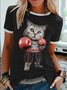 Women's Boxing Cat Funny Graphic Print Cotton-Blend Text Letters Casual Crew Neck T-Shirt