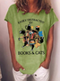 Women‘s Funny Books And Cats Easily Distracted Cat Crew Neck Casual Cotton-Blend T-Shirt