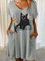 Women‘s Black Cat Lover Floral Book Casual Loose Dress