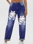 Womens Floral Cat Casual Printed Jeans
