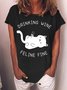 Women’s Drinking Wine Feline Fine Casual Crew Neck T-Shirt